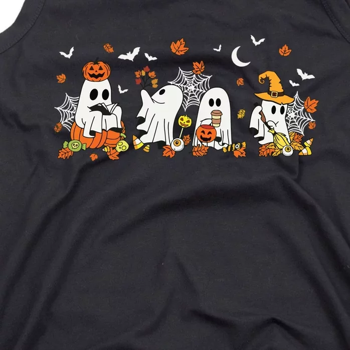 Cute Ghost Drinking Coffee Halloween Fall Ghost Book Reading Tank Top