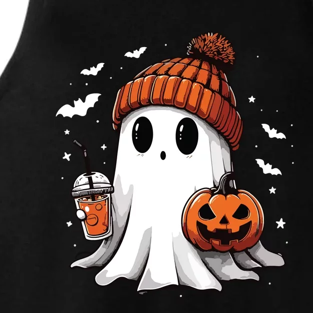 Cute Ghost Drinking Coffee Halloween Ghost Ice Coffee Women Long Sleeve Ladies Tri-Blend Wicking Tank