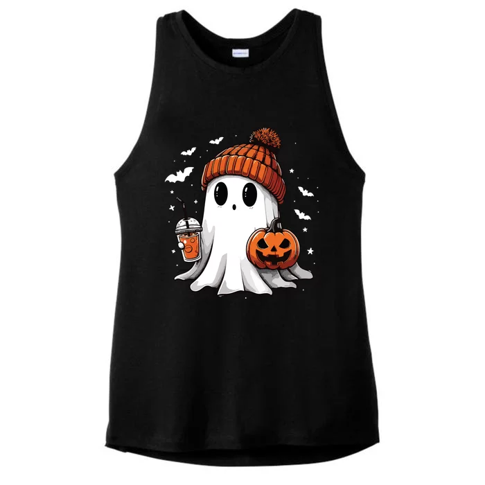 Cute Ghost Drinking Coffee Halloween Ghost Ice Coffee Women Long Sleeve Ladies Tri-Blend Wicking Tank