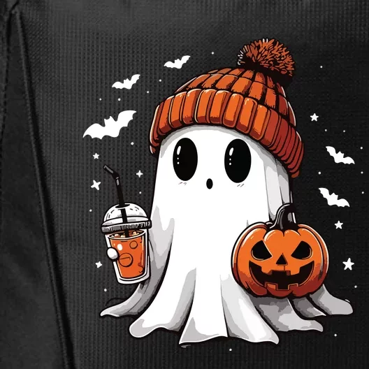 Cute Ghost Drinking Coffee Halloween Ghost Ice Coffee Women Long Sleeve City Backpack