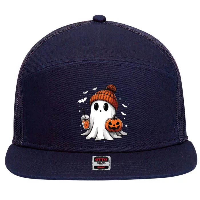 Cute Ghost Drinking Coffee Halloween Ghost Ice Coffee Women Long Sleeve 7 Panel Mesh Trucker Snapback Hat