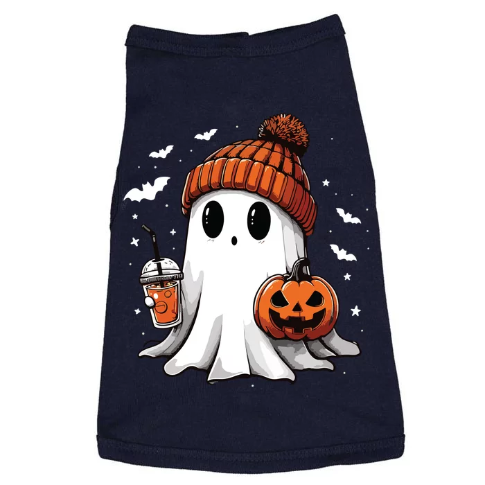 Cute Ghost Drinking Coffee Halloween Ghost Ice Coffee Women Long Sleeve Doggie Tank