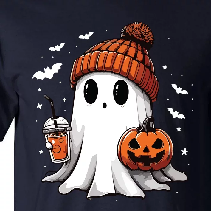 Cute Ghost Drinking Coffee Halloween Ghost Ice Coffee Women Long Sleeve Tall T-Shirt