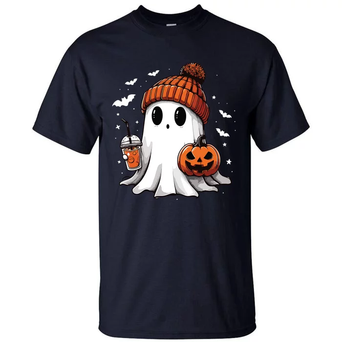 Cute Ghost Drinking Coffee Halloween Ghost Ice Coffee Women Long Sleeve Tall T-Shirt