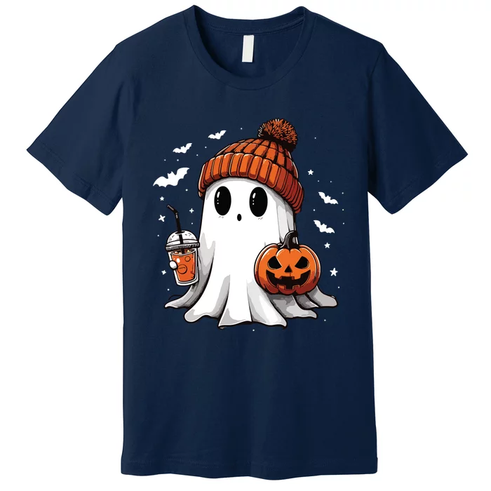 Cute Ghost Drinking Coffee Halloween Ghost Ice Coffee Women Long Sleeve Premium T-Shirt