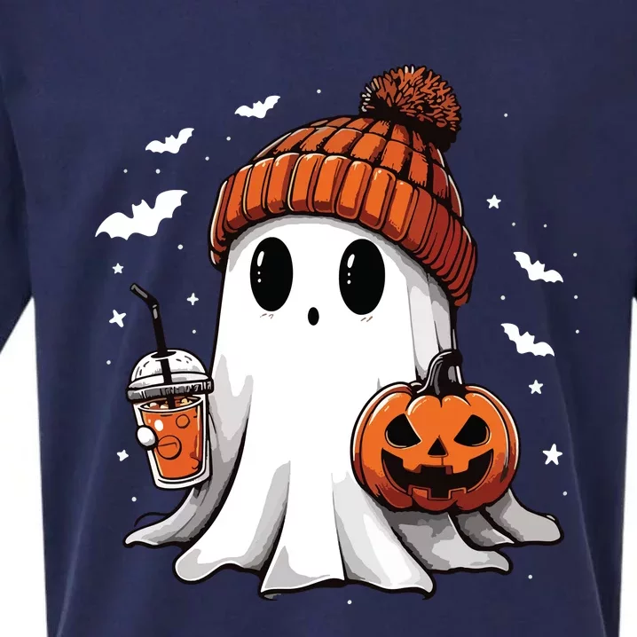 Cute Ghost Drinking Coffee Halloween Ghost Ice Coffee Women Long Sleeve Sueded Cloud Jersey T-Shirt