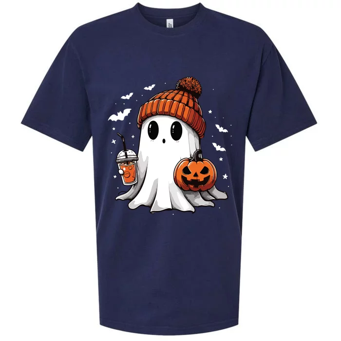 Cute Ghost Drinking Coffee Halloween Ghost Ice Coffee Women Long Sleeve Sueded Cloud Jersey T-Shirt