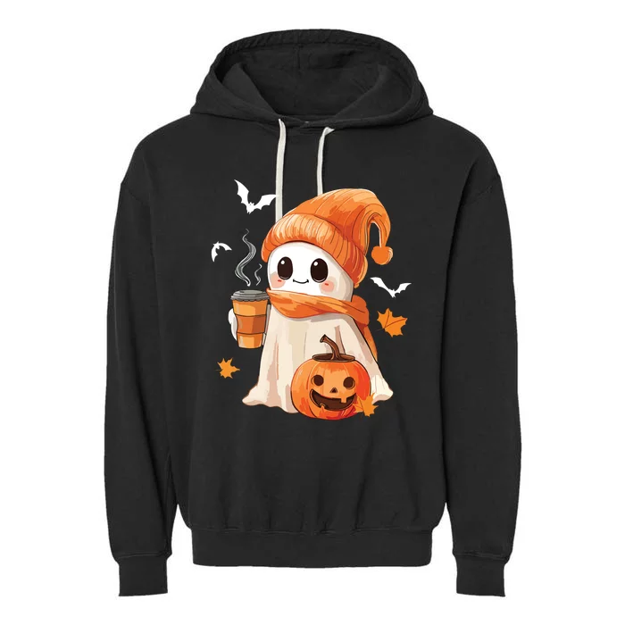 Cute Ghost Drinking Coffee Halloween Ghost Ice Coffee Women Garment-Dyed Fleece Hoodie