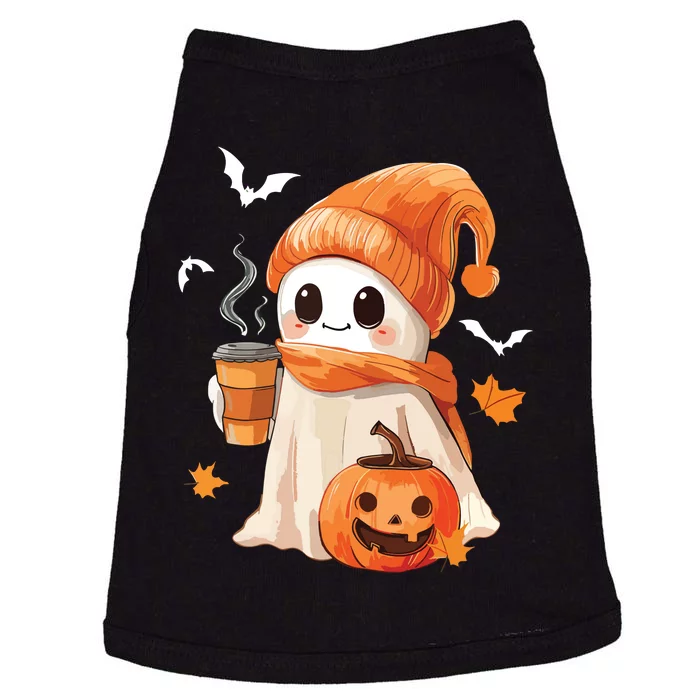 Cute Ghost Drinking Coffee Halloween Ghost Ice Coffee Women Doggie Tank