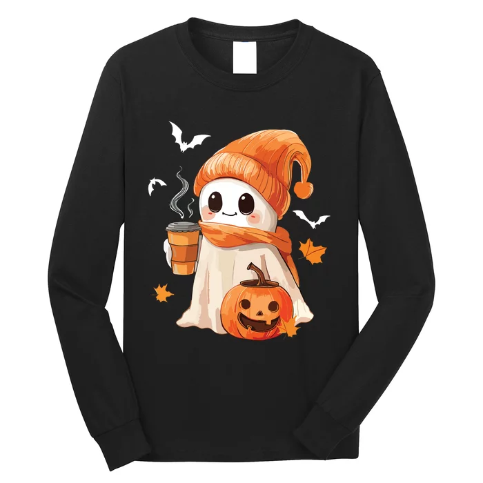 Cute Ghost Drinking Coffee Halloween Ghost Ice Coffee Women Long Sleeve Shirt