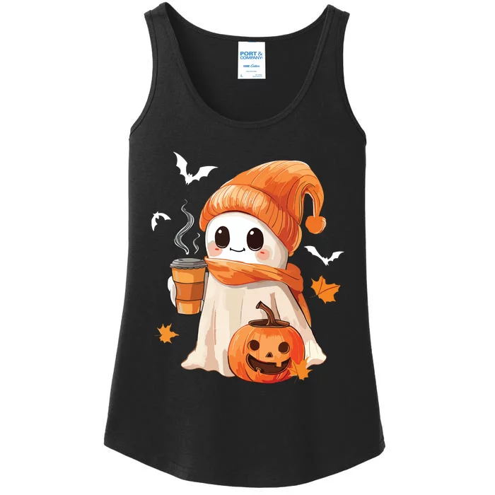 Cute Ghost Drinking Coffee Halloween Ghost Ice Coffee Women Ladies Essential Tank