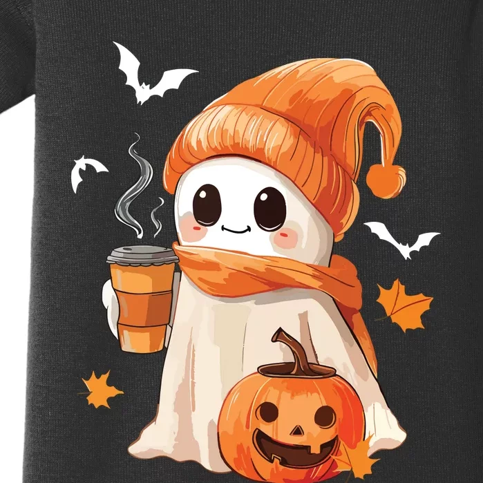 Cute Ghost Drinking Coffee Halloween Ghost Ice Coffee Women Baby Bodysuit