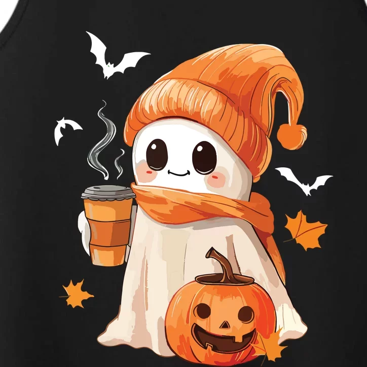 Cute Ghost Drinking Coffee Halloween Ghost Ice Coffee Women Performance Tank