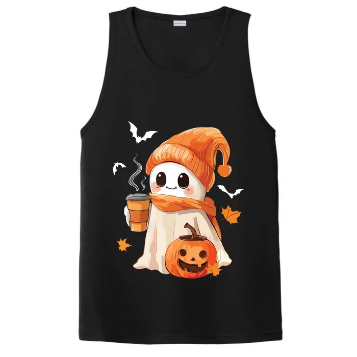 Cute Ghost Drinking Coffee Halloween Ghost Ice Coffee Women Performance Tank