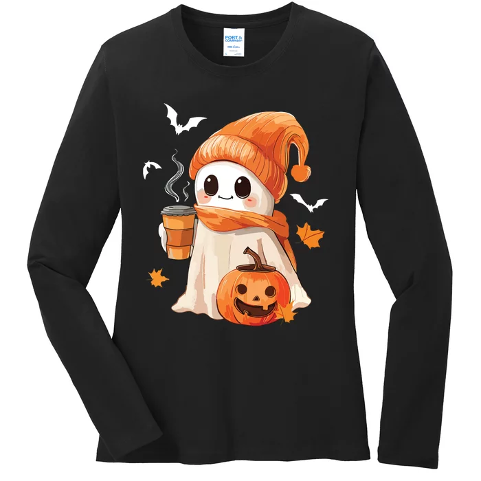 Cute Ghost Drinking Coffee Halloween Ghost Ice Coffee Women Ladies Long Sleeve Shirt