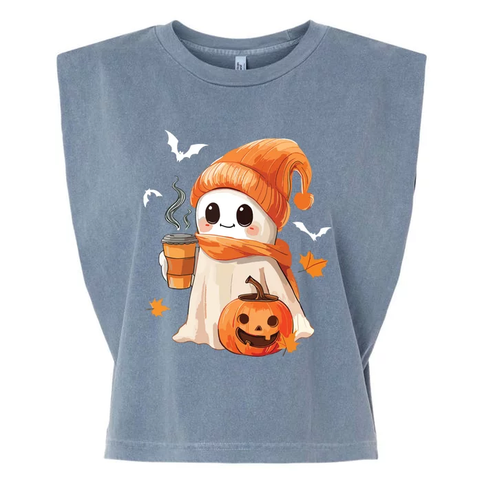 Cute Ghost Drinking Coffee Halloween Ghost Ice Coffee Women Garment-Dyed Women's Muscle Tee