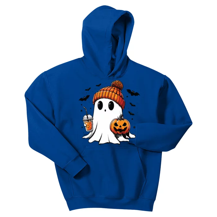 Cute Ghost Drinking Coffee Halloween Ghost Ice Coffee Kids Hoodie