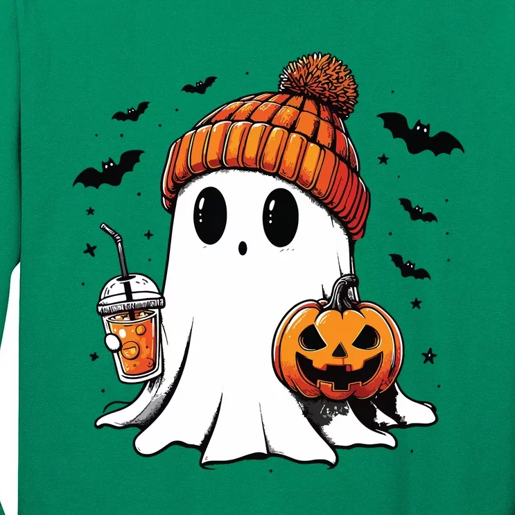 Cute Ghost Drinking Coffee Halloween Ghost Ice Coffee Long Sleeve Shirt