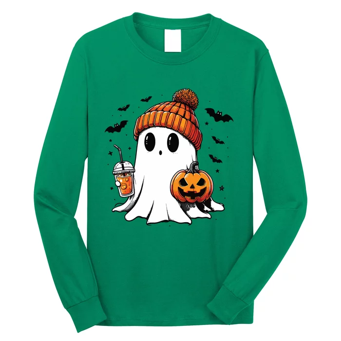 Cute Ghost Drinking Coffee Halloween Ghost Ice Coffee Long Sleeve Shirt