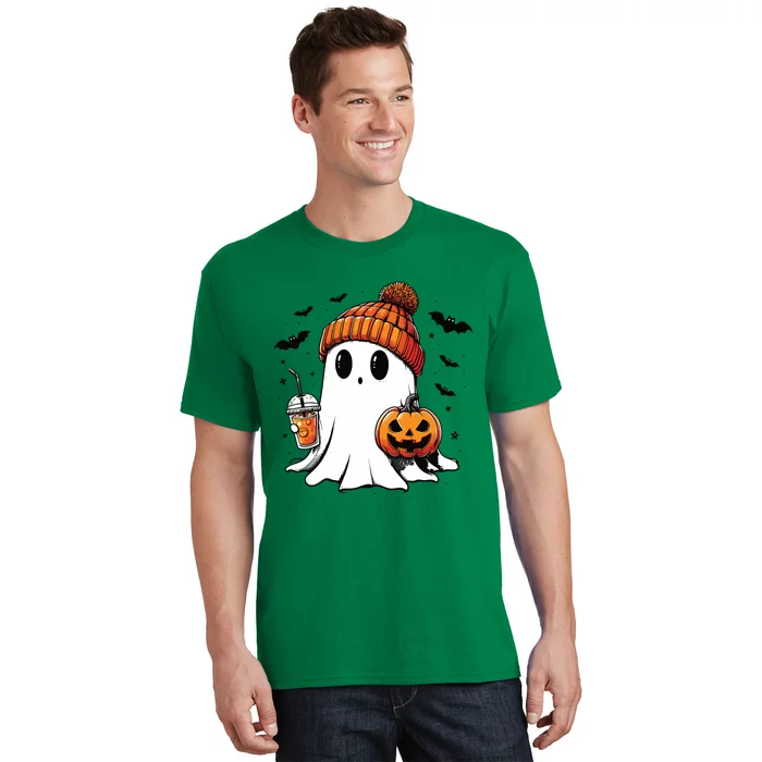 Cute Ghost Drinking Coffee Halloween Ghost Ice Coffee T-Shirt