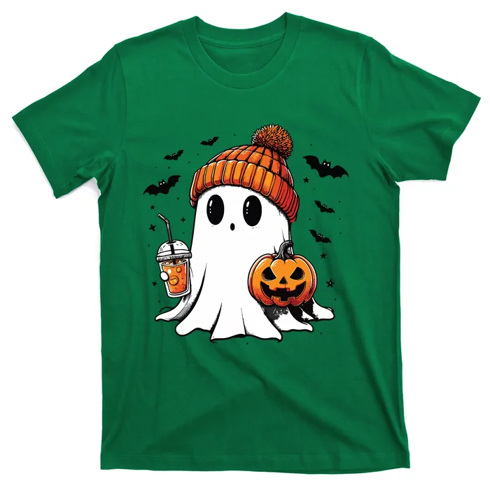 Cute Ghost Drinking Coffee Halloween Ghost Ice Coffee T-Shirt