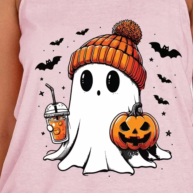 Cute Ghost Drinking Coffee Halloween Ghost Ice Coffee Women's Knotted Racerback Tank