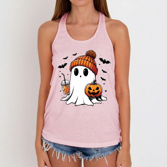 Cute Ghost Drinking Coffee Halloween Ghost Ice Coffee Women's Knotted Racerback Tank