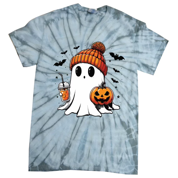 Cute Ghost Drinking Coffee Halloween Ghost Ice Coffee Tie-Dye T-Shirt