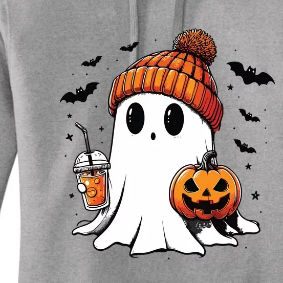 Cute Ghost Drinking Coffee Halloween Ghost Ice Coffee Women's Pullover Hoodie