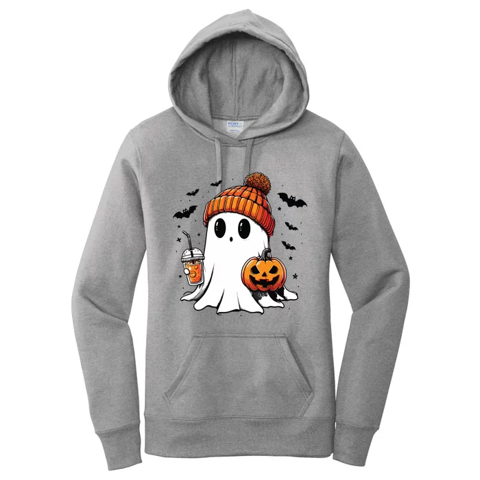 Cute Ghost Drinking Coffee Halloween Ghost Ice Coffee Women's Pullover Hoodie