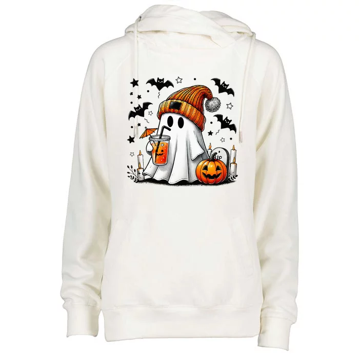 Cute Ghost Drinking Coffee Halloween Ghost Coffee Womens Funnel Neck Pullover Hood