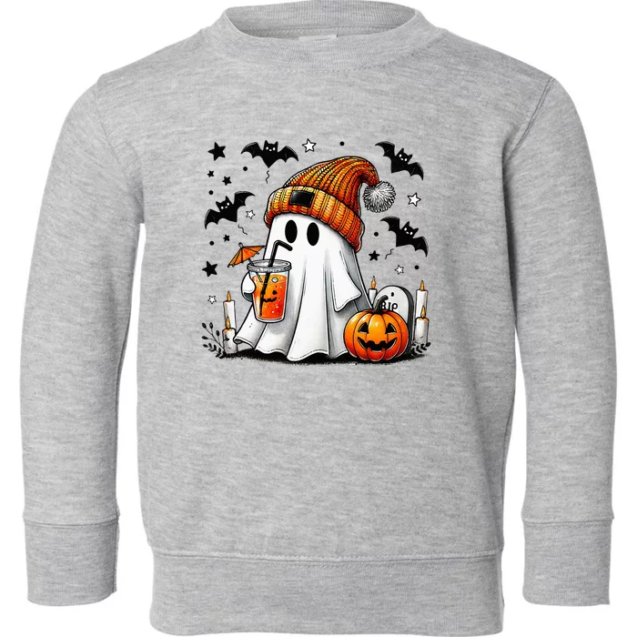 Cute Ghost Drinking Coffee Halloween Ghost Coffee Toddler Sweatshirt