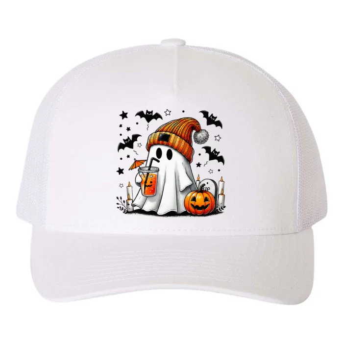 Cute Ghost Drinking Coffee Halloween Ghost Coffee Yupoong Adult 5-Panel Trucker Hat