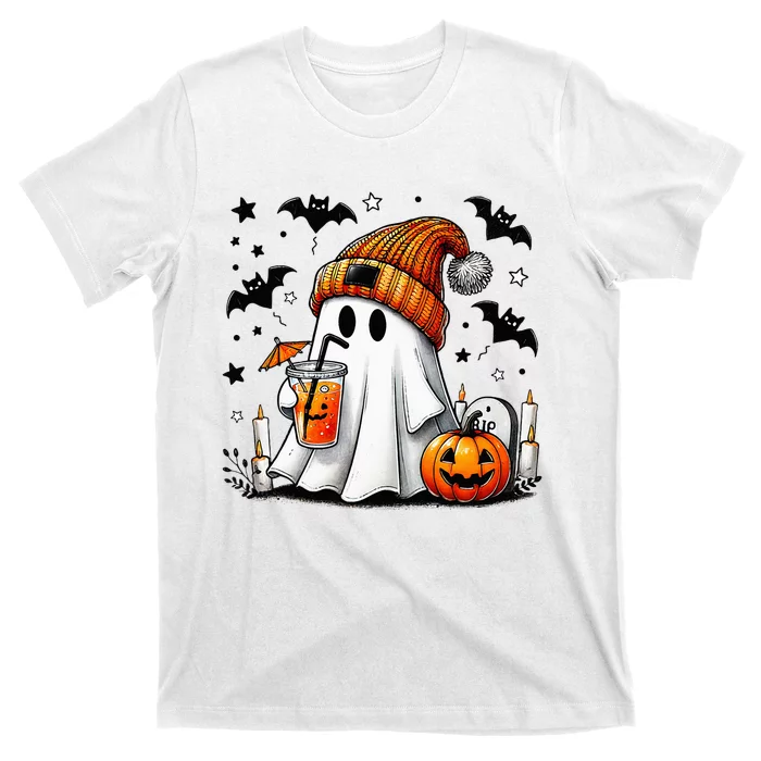 Cute Ghost Drinking Coffee Halloween Ghost Coffee T-Shirt