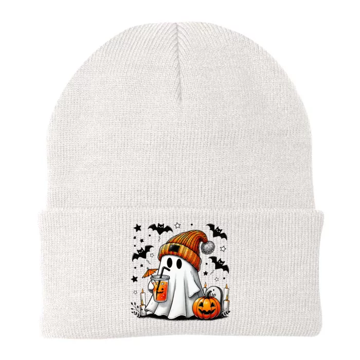 Cute Ghost Drinking Coffee Halloween Ghost Coffee Knit Cap Winter Beanie