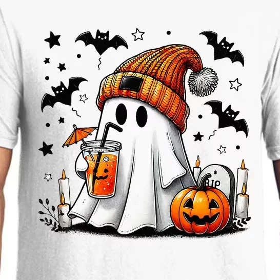 Cute Ghost Drinking Coffee Halloween Ghost Coffee Pajama Set