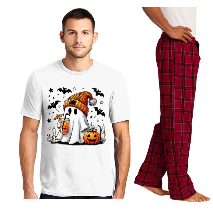 Cute Ghost Drinking Coffee Halloween Ghost Coffee Pajama Set