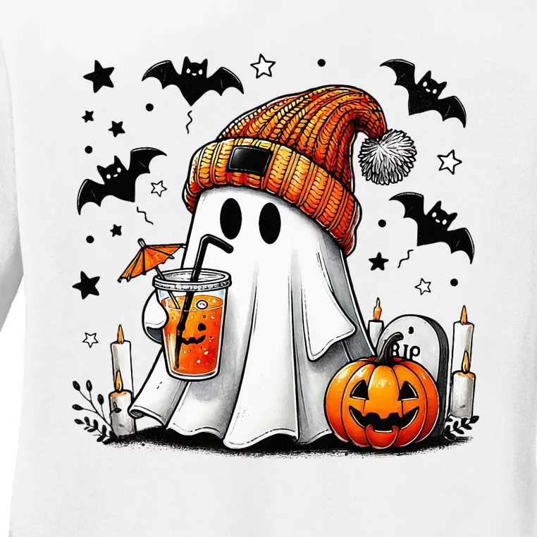 Cute Ghost Drinking Coffee Halloween Ghost Coffee Ladies Long Sleeve Shirt