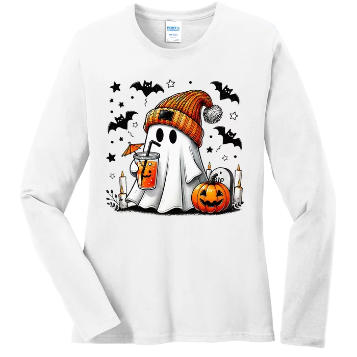 Cute Ghost Drinking Coffee Halloween Ghost Coffee Ladies Long Sleeve Shirt