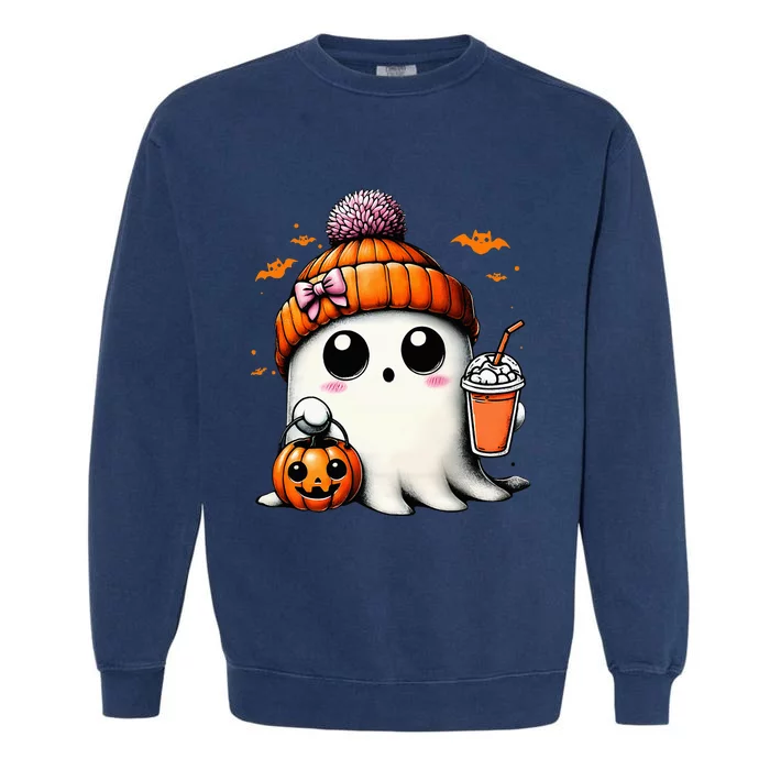 Cute Ghost Drinking Coffee Halloween Ghost Ice Coffee Garment-Dyed Sweatshirt