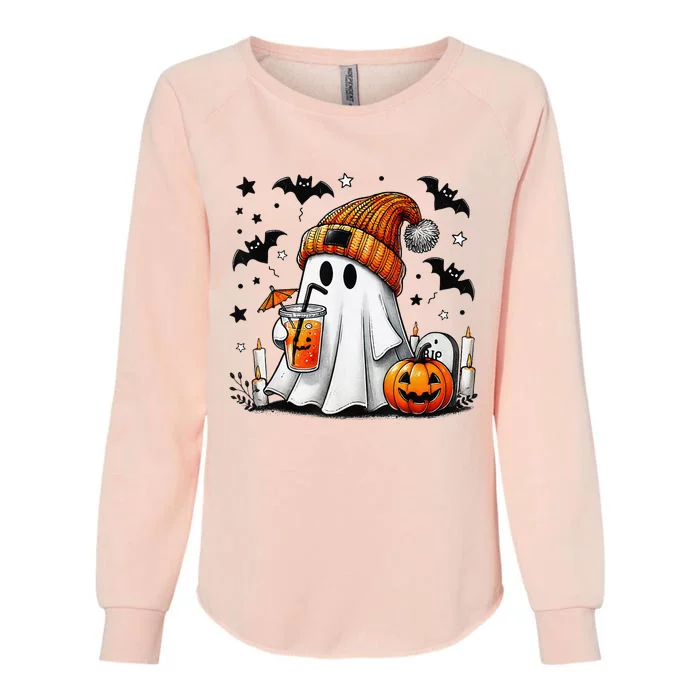 Cute Ghost Drinking Coffee Halloween Ghost Coffee Women Gift Womens California Wash Sweatshirt