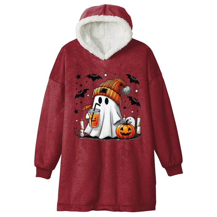 Cute Ghost Drinking Coffee Halloween Ghost Coffee Women Gift Hooded Wearable Blanket