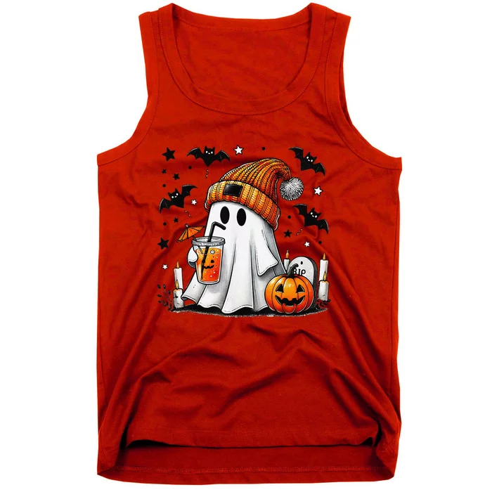 Cute Ghost Drinking Coffee Halloween Ghost Coffee Women Gift Tank Top