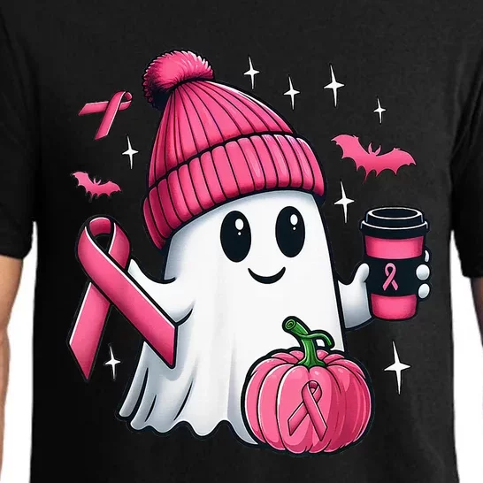 Cute Ghost Drinking Coffee Halloween Ghost Breast Cancer Pajama Set