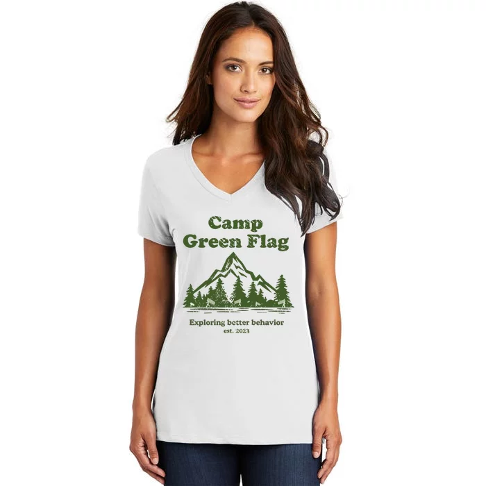 Camp Green Flag Exploring Better Behavior Est 2023 Women's V-Neck T-Shirt