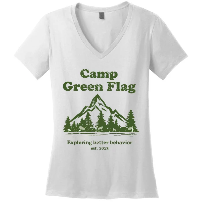 Camp Green Flag Exploring Better Behavior Est 2023 Women's V-Neck T-Shirt