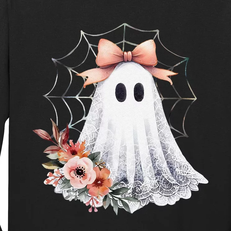 Cute Ghost Floral Coquette Halloween Lace Ghost Women Tall Long Sleeve T-Shirt