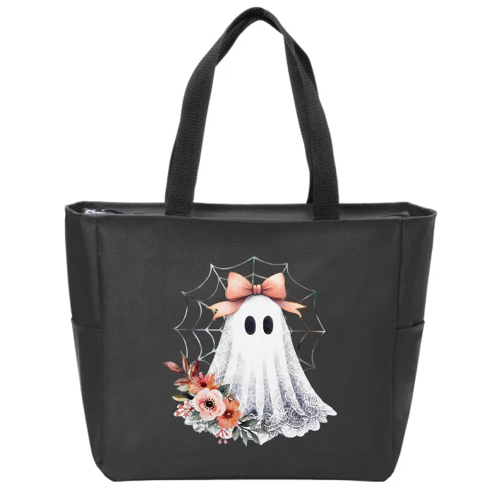 Cute Ghost Floral Coquette Halloween Lace Ghost Women Zip Tote Bag