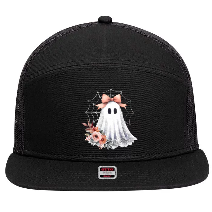 Cute Ghost Floral Coquette Halloween Lace Ghost Women Girl 7 Panel Mesh Trucker Snapback Hat