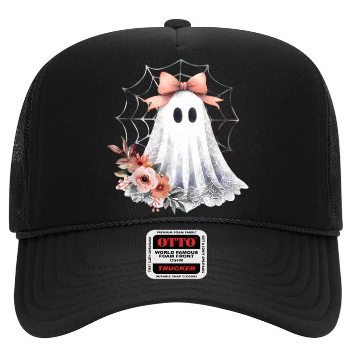 Cute Ghost Floral Coquette Halloween Lace Ghost Women Girl High Crown Mesh Trucker Hat